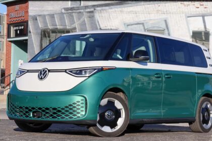 Volkswagen ID. Buzz electric minivan parked on city street