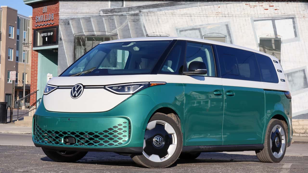 Volkswagen ID. Buzz electric minivan parked on city street