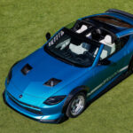 Blue Nissan Z Kaze Concept with open T-top roof on grass