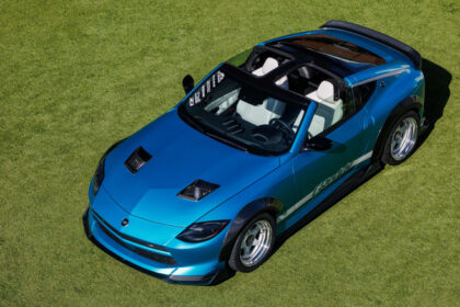 Blue Nissan Z Kaze Concept with open T-top roof on grass