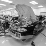 Black and White NASCAR Garage Scene