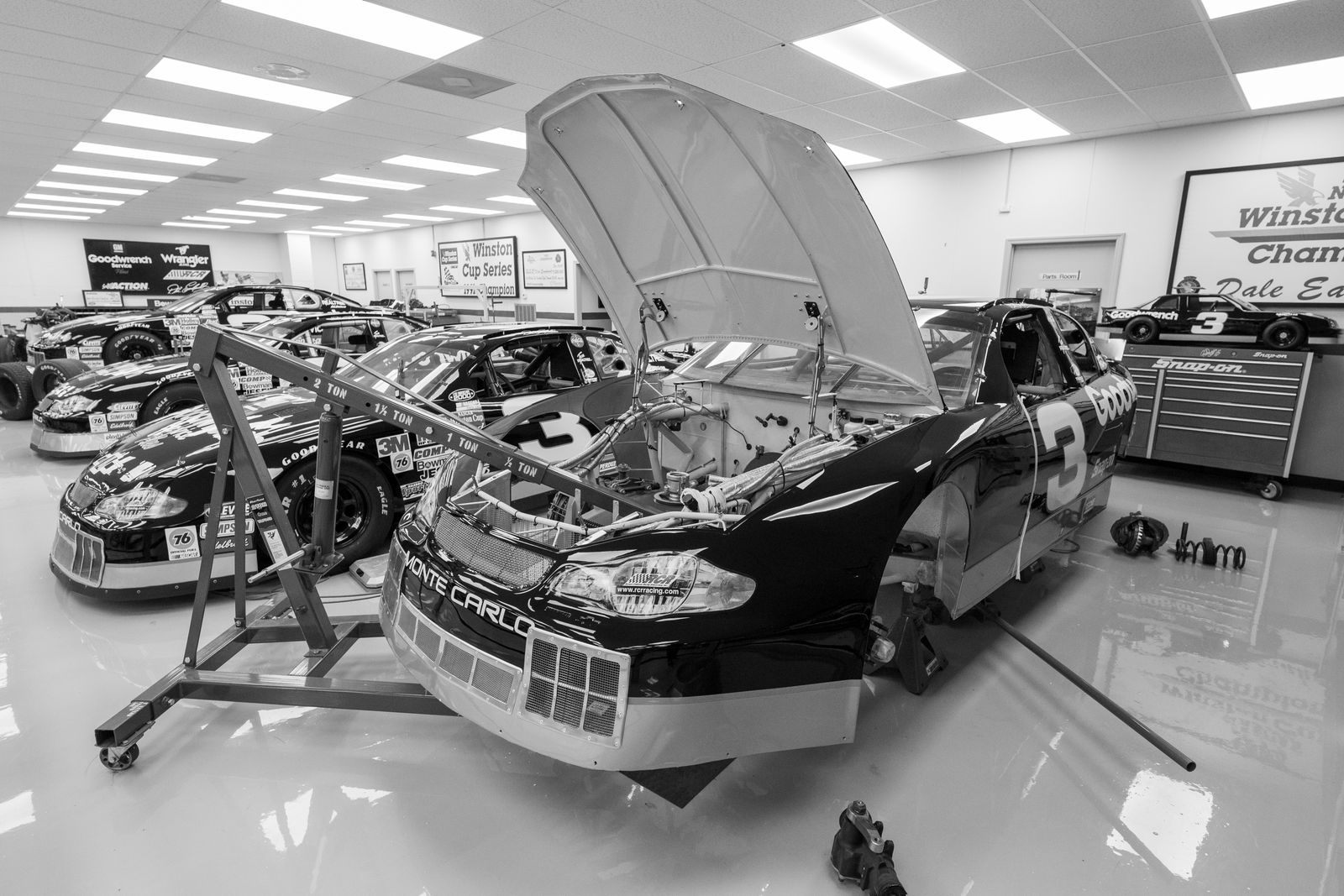 Black and White NASCAR Garage Scene