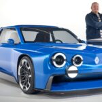Blue Renault 8 Gordini concept car with man standing behind