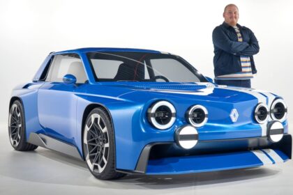 Blue Renault 8 Gordini concept car with man standing behind
