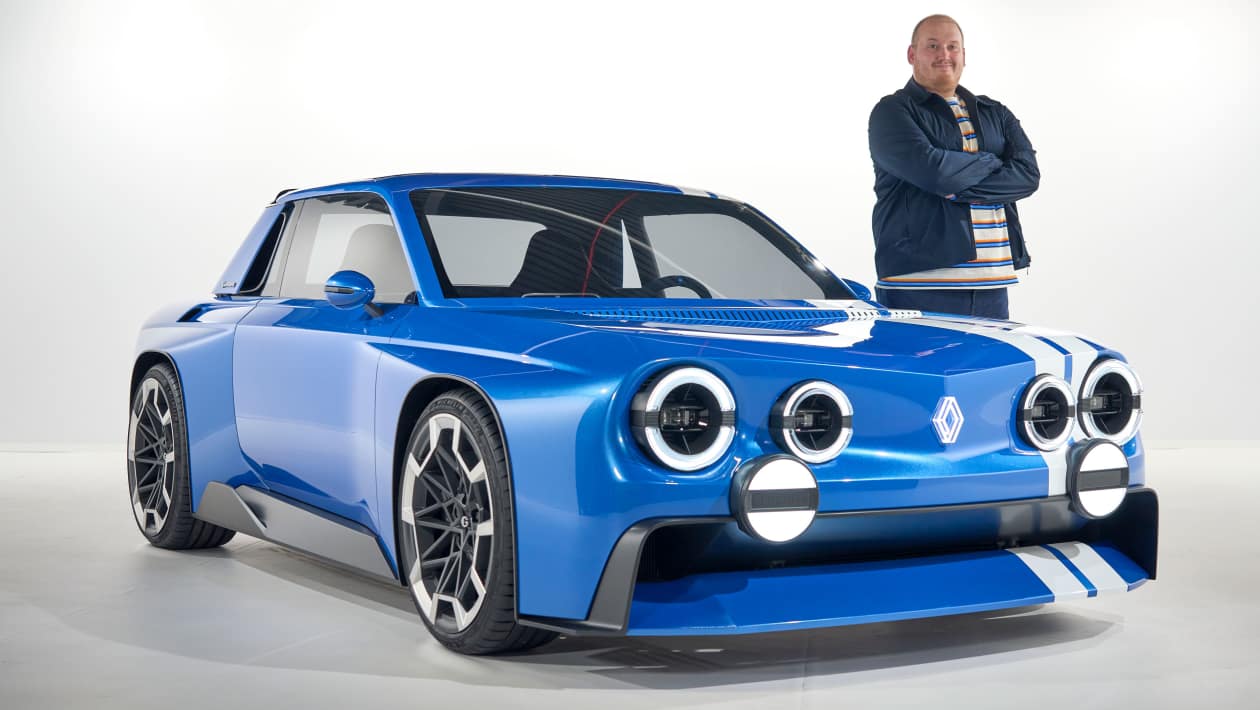 Blue Renault 8 Gordini concept car with man standing behind