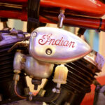 Close-up of vintage Indian motorcycle engine with Indian script logo
