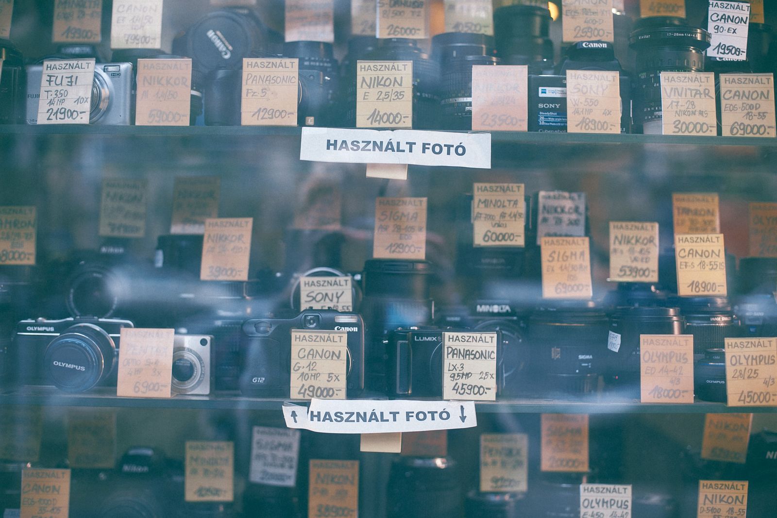 Assorted photo cameras represented on showcase