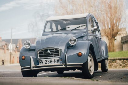 Classic light blue Citroën 2CV parked on a street