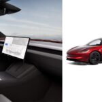 Tesla Model 3 interior with large screen and red exterior