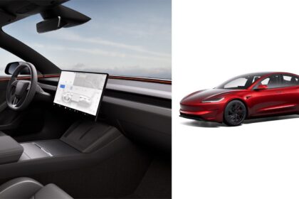 Tesla Model 3 interior with large screen and red exterior