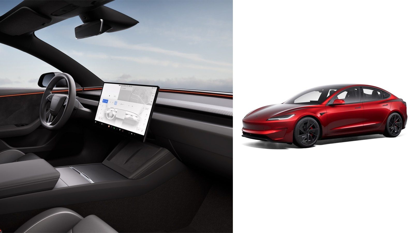 Tesla Model 3 interior with large screen and red exterior
